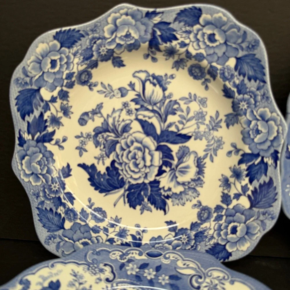 Vintage Spode Blue Room British Flowers Collection Set of 4 Plates Blue 10.5in